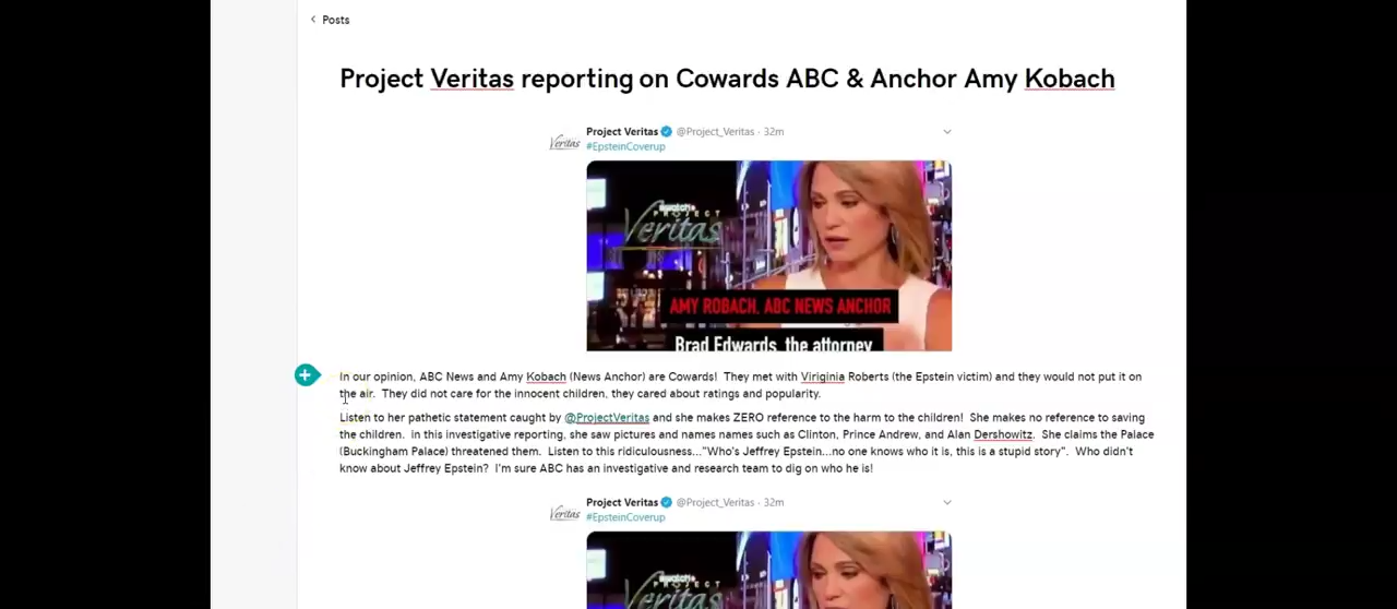 Project Veritas reporting on Cowards ABC & Anchor Amy Robach - Hiding Epstein Story 5-11-2019