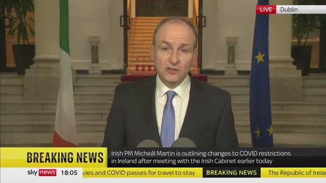 Irish Prime Minister Micheál Martin announces that almost all coronavirus restrictions in Ireland.. 22-1-2022