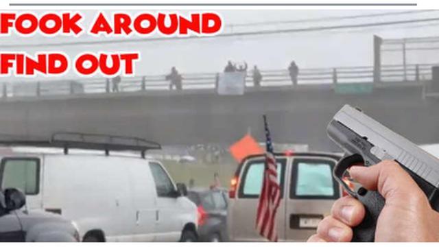 TRUCKER CONVOY SHOOTS AT ANTIFA LUNATICS THROWING ROCKS AT THEM FROM FREEWAY OVERPASS 1-5-2022