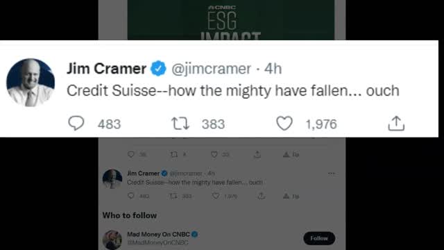 Short Vid - Jim Cramer getting - Cramered! Compilation of Lehman and now Credit Suisse! 3-10-2022